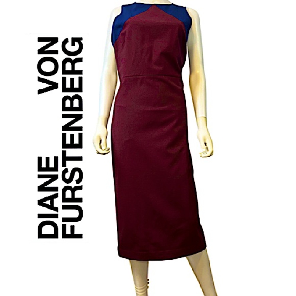 DIANE VON FURSTENBURG. NWT. Gorgeous Merlot & Navy sleeveless mid calf dress.12